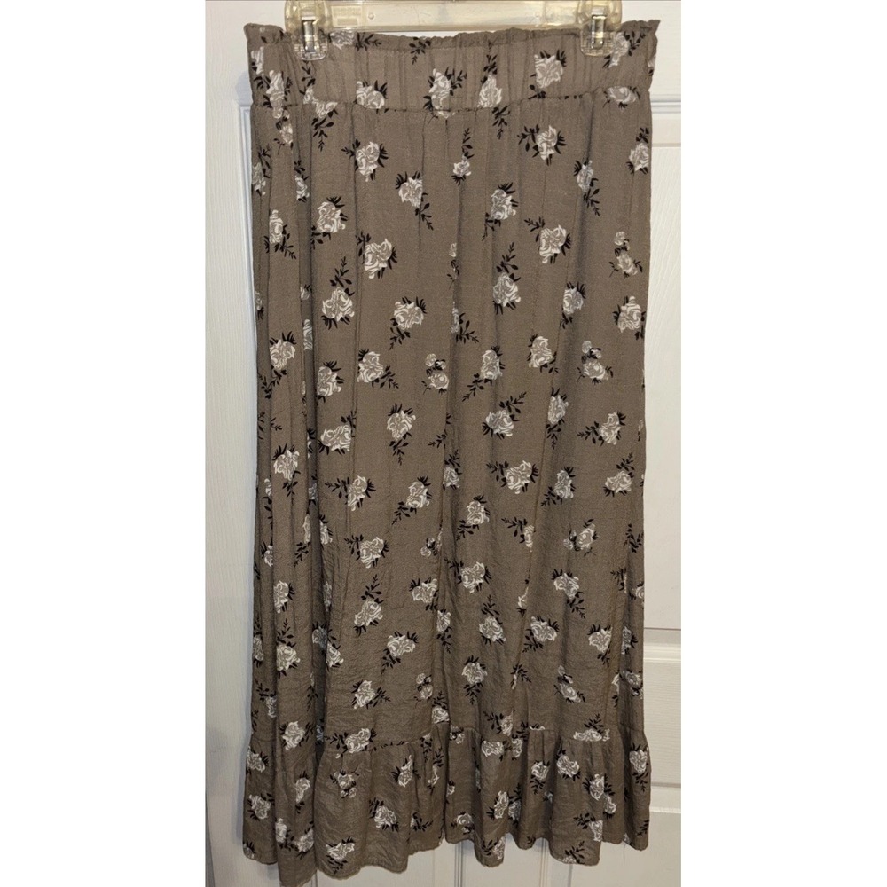 Bibi XL Tan Ivory Green Floral Midi Skirt Cottagecore Prairie Boho Slit Pull On - Picture 6 of 12
